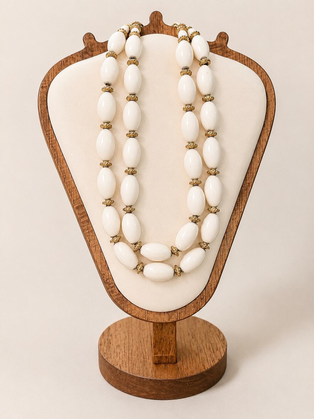 Vintage Monet Necklace 60s–70s White Beaded Double Strand Gold Tone